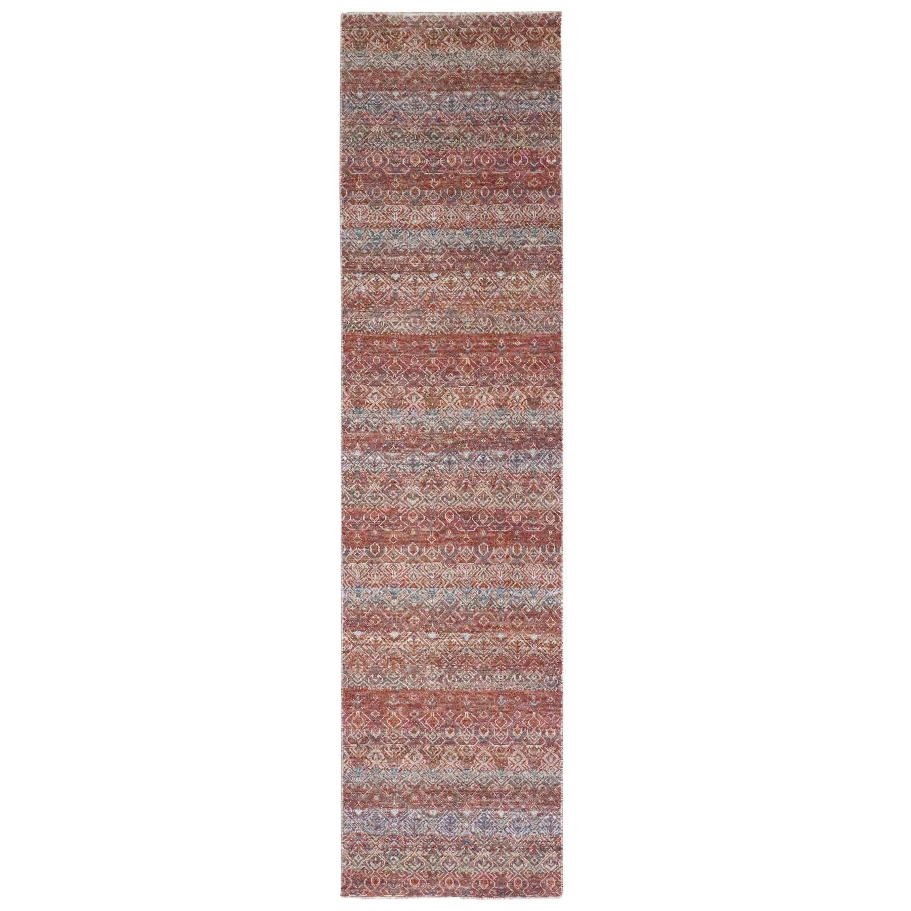 2'6"x10'2" Clay Red, Kohinoor Herat with Small Geometric Repetitive Diamond Pattern, Soft Wool, Tone On Tone, Hand Knotted, Runner, Oriental Rug 